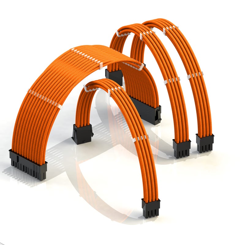 LINKUP - AVA 30cm PSU Cable Extension Sleeved Custom Mod GPU PC Braided w/Comb Kit | 1 x 24 P (20+4) | 1 x 8 P (4+4) CPU | 2 x 8 P (6+2) GPU Set | 300mm - Orange - Image 1